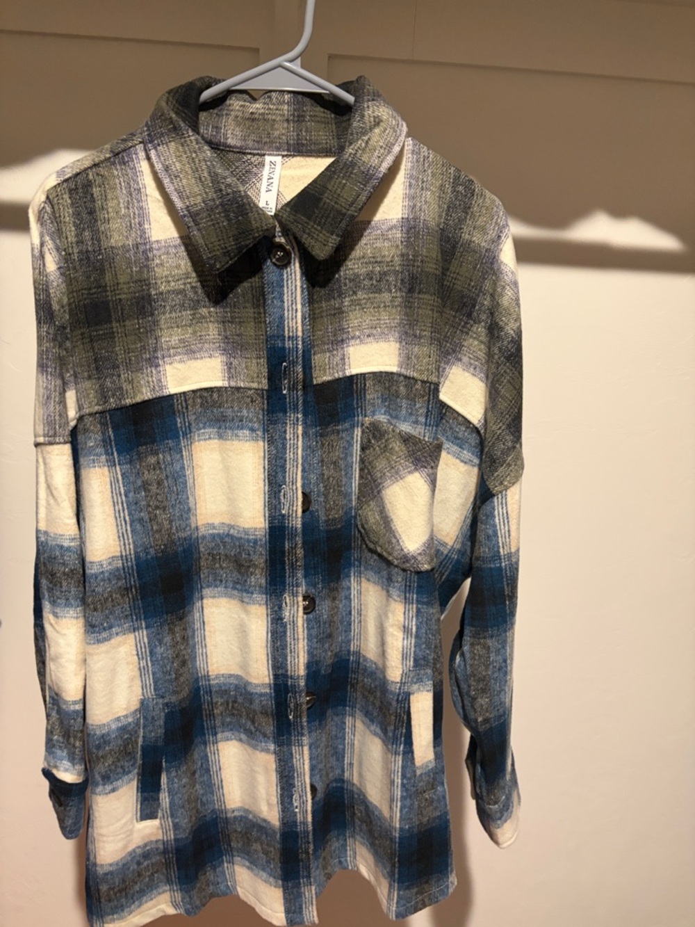 Zenana Plaid Shacket in Blue, Cream & Olive
